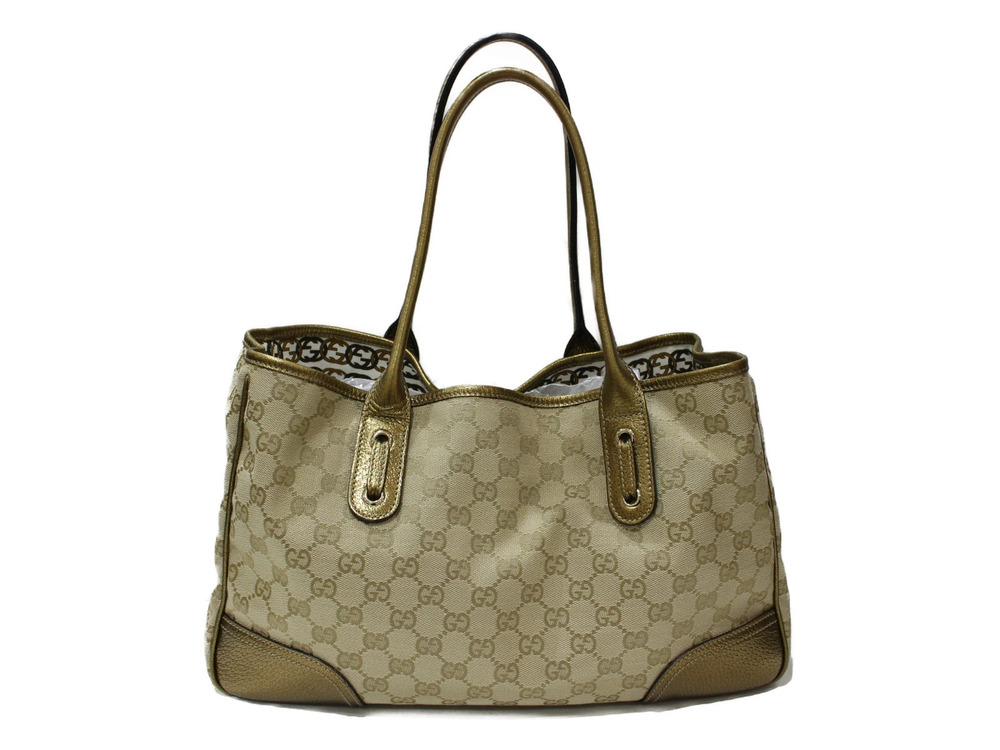 Gucci Rion Leather Canvas Bag Princi Gold Beige GG Tote Gold Tan